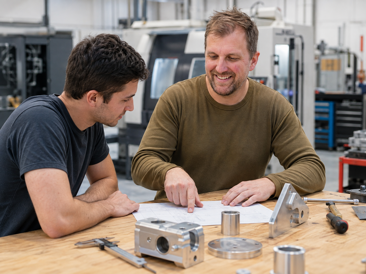 Two engineers reviewing technical drawings at a CNC workshop bench with machined aluminium parts in the foreground